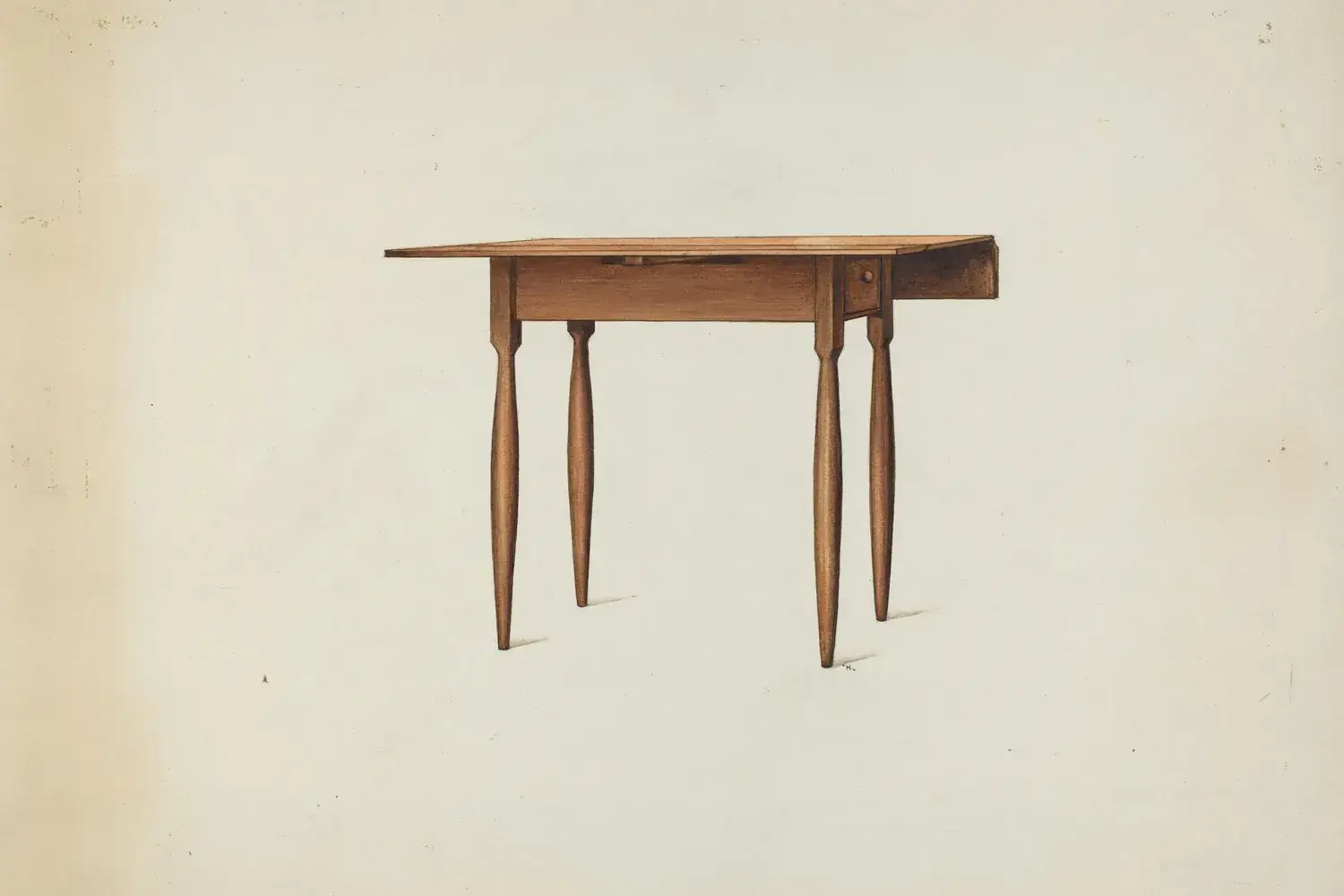 A historical watercolor rendering of a simple Shaker table with slender turned legs